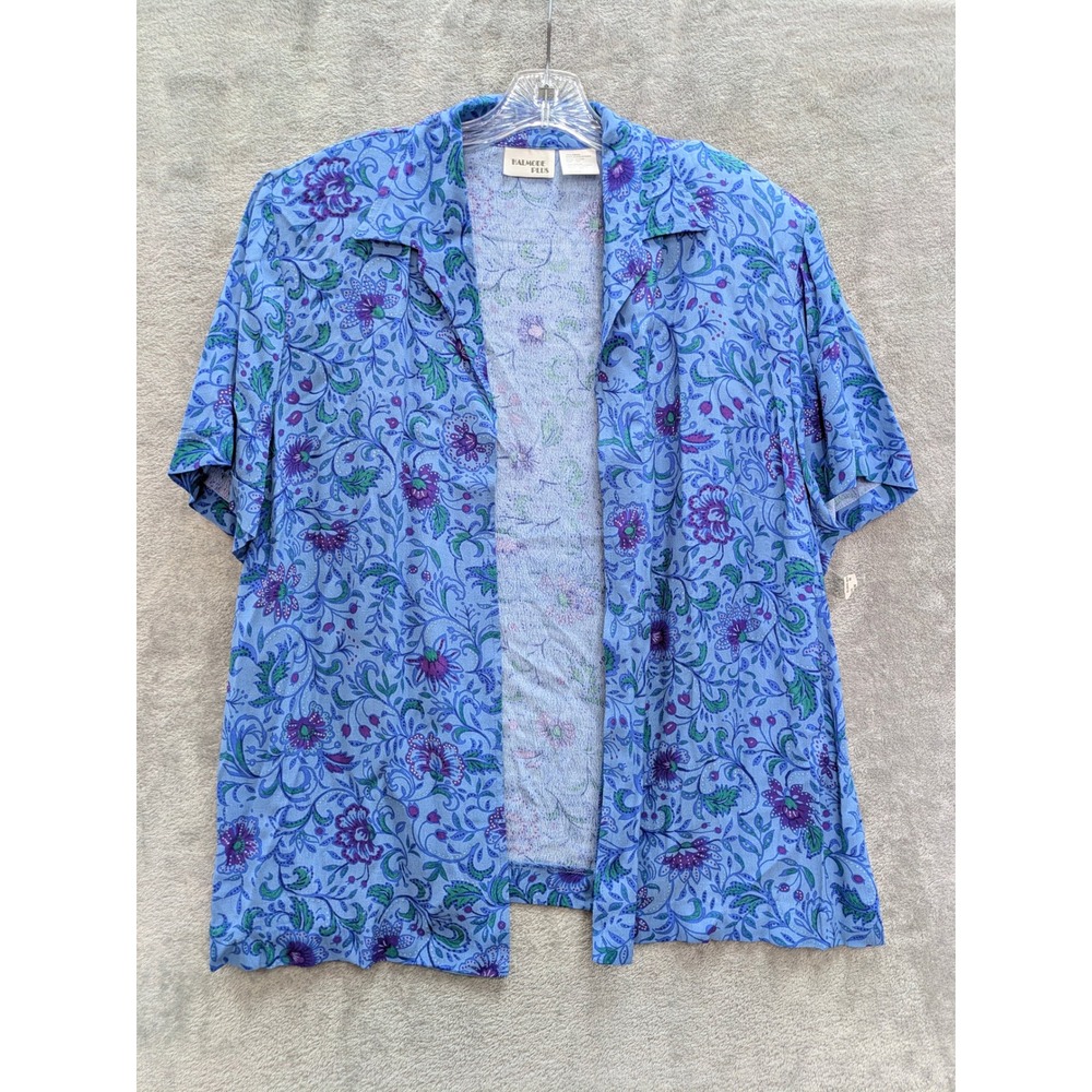 Vintage Open Front Blouse Women 16W Blue Paisley Short Sleeve